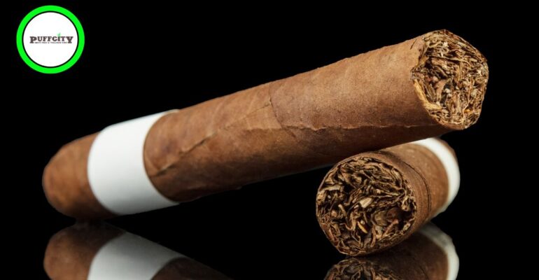 Two cigars lying on top of each other with a black background.