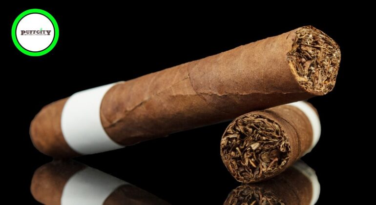 Two cigars lying on top of each other with a black background.