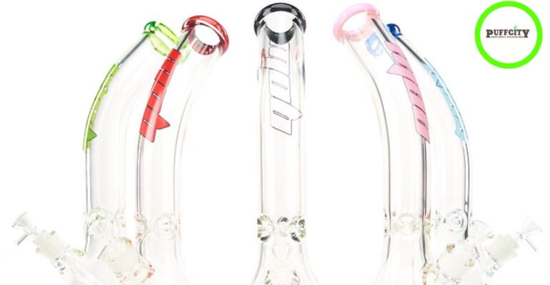 This image shows five curved bent glass water pipes with different colors on a white background.