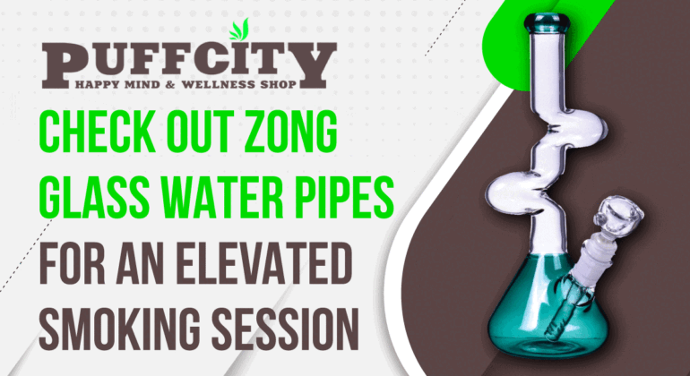 A Zong glass water pipe is placed in a frame with the PuffCity logo on a gray, green, and brown background.