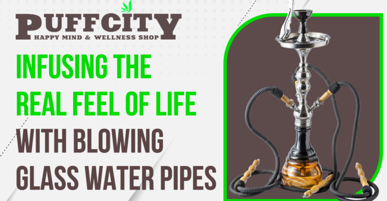 This photo shows a glass water pipe placed on a brown background. The frame is gray in color with the PuffCity logo.