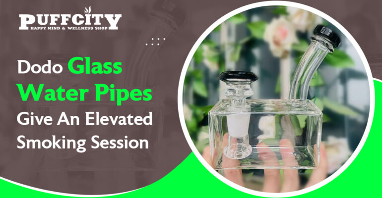 This photo shows an elegant dodo glass water pipe. The background is green and brown with the PuffCity logo.