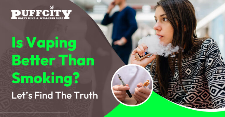 This image showing a girl inhaling smoke through vape and this image asking that "is vapes are better than smoke" and it is in green and brown colour.